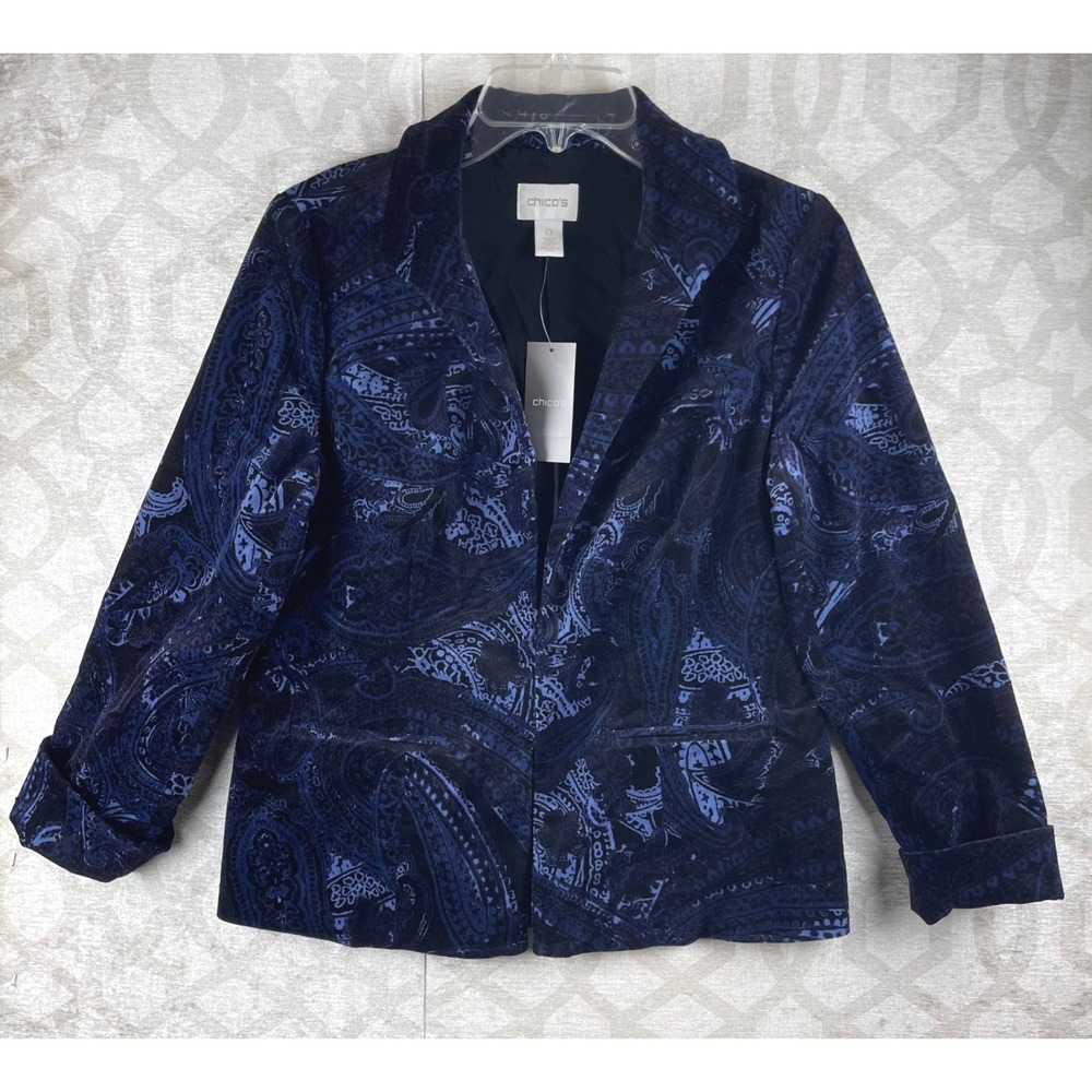 Chico's Paisley Velveteen Blazer Women Size 0 Small Blue NWT Cotton Open Front